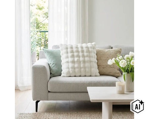 Een lichte woonkamer met een bank versierd met drie verschillende sierkussens en een salontafel met een vaas vol bloemen. (Image AI modified or generated)
