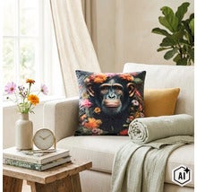 Sierkussen met chimpansee en bloemen op een lichte bank in een sfeervol ingerichte woonkamer. (Image AI modified or generated)