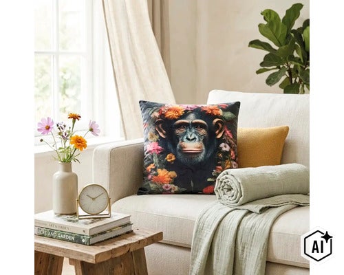 Sierkussen met chimpansee en bloemen op een lichte bank in een sfeervol ingerichte woonkamer. (Image AI modified or generated)