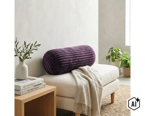 Rond kussen met ribbelstructuur op een bankje met een deken in de woonkamer (Image AI modified or generated)