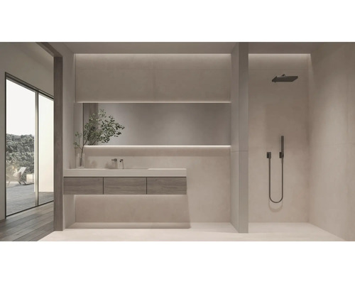 Moderne badkamer met zwevend wastafelmeubel, grote spiegel en inloopdouche in een minimalistisch design.