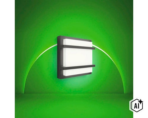 Moderne vierkante wandlamp met donker frame en witte lichtdiffuser voor buitenverlichting. (Image AI modified or generated)