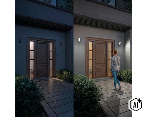 Vergelijkingsafbeelding van een moderne buitenwandlamp bij nacht, links onverlicht en rechts verlicht met persoon voor een huisentree. (Image AI modified or generated)