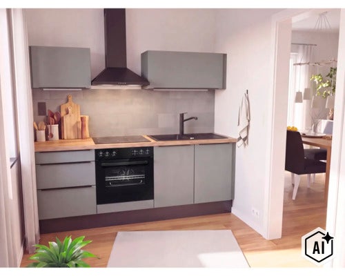 Moderne inbouwkeuken met mat afgewerkte fronten, houten aanrechtblad en ingebouwde apparatuur in een open woonruimte. (Image AI modified or generated)