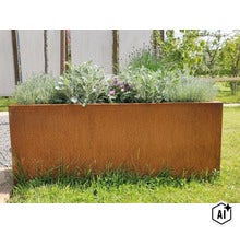 Rechthoekige plantenbak van cortenstaal met diverse planten in een tuin op een grasveld. (Image AI modified or generated)
