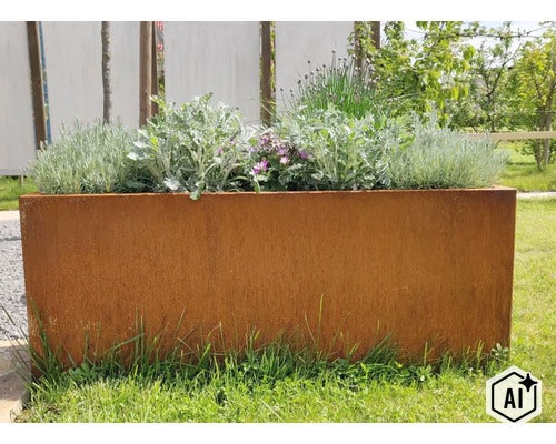 Rechthoekige plantenbak van cortenstaal met diverse planten in een tuin op een grasveld. (Image AI modified or generated)