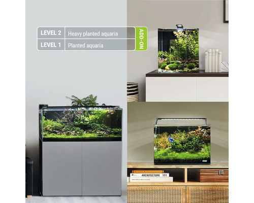 Verschillende beplante aquaria in verschillende interieurstijlen met LED verlichting gepresenteerd op kasten.