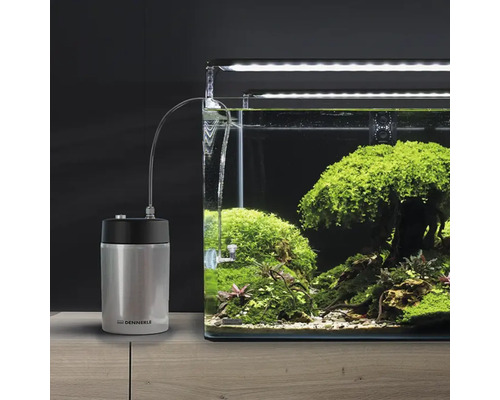 Dennerle CO2 bemestingssysteem met drukregelaar en slang naast een beplant aquarium.