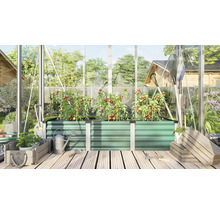 Een verhoogde plantenbak van geprofileerd metaal in een kas met tomatenplanten, tuingereedschap en houten kisten op een houten terrasvloer.