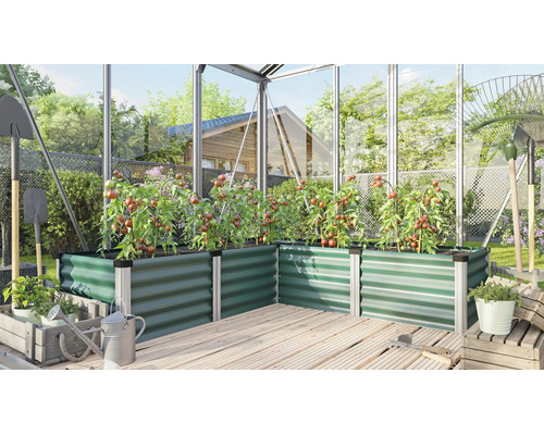 Groene verhoogde plantenbak van metaal in een kas met tomatenplanten op een houten terras.