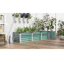 Een rechthoekige metalen plantenbak in een kas met diverse kruiden en groenteplanten.
