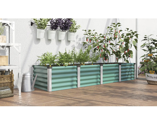 Een rechthoekige metalen plantenbak in een kas met diverse kruiden en groenteplanten.