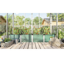 Een verhoogde plantenbak van metaal in een kas, beplant met tomaten, omringd door tuingereedschap en houten kisten op een houten vloer.