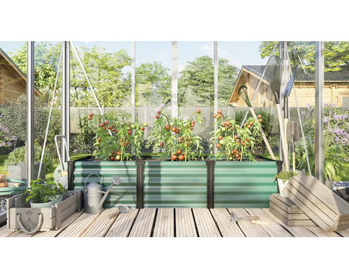 Rechthoekige metalen verhoogde plantenbak in een kas met tomatenplanten, tuingereedschap en houten kisten op een houten terras.