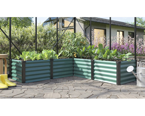 L-vormige verhoogde plantenbak van gegolfd metaal in een kas met planten en een gieter op een terras.