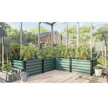 Hoekverhoogde bak van metaal in een kas met tomatenplanten op een houten terras.