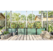 Grote verhoogde plantenbak van metaal in een kas met tomatenplanten op een houten terras met gieter en houten kisten.