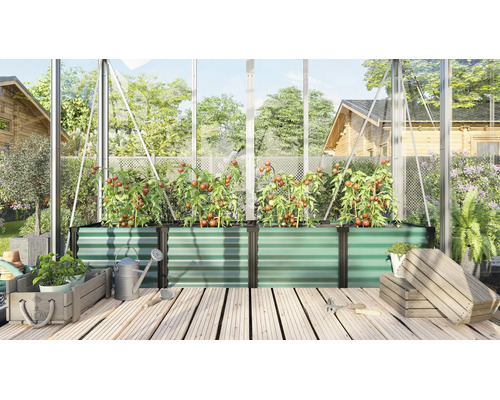 Grote verhoogde plantenbak van metaal in een kas met tomatenplanten op een houten terras met gieter en houten kisten.