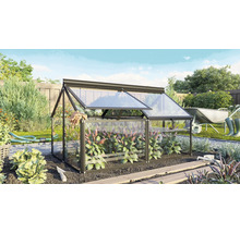 Een kleine kas met metalen frame en glazen panelen in de tuin, met een dakraam dat open kan voor het kweken van planten.