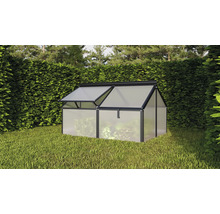Een kleine tuinkas met aluminium frame en polycarbonaat platen in een tuin voor een heg.