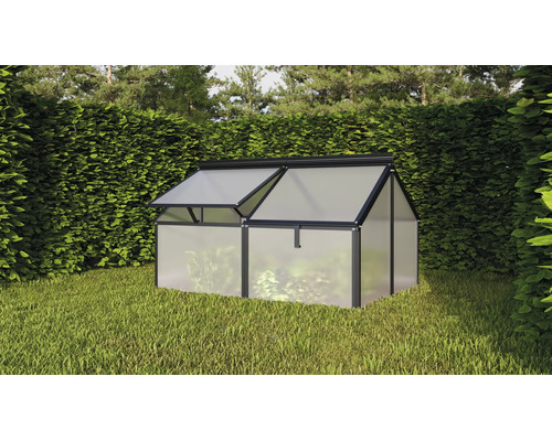 Een kleine tuinkas met aluminium frame en polycarbonaat platen in een tuin voor een heg.