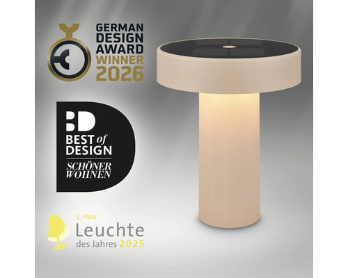 Moderne ronde LED tafellamp met geribbelde zuilvoet, bekroond met designprijzen.