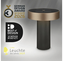 Moderne ronde led-tafellamp met geribbelde zuilvoet, bekroond met designprijzen.
