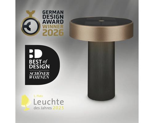 Moderne ronde led-tafellamp met geribbelde zuilvoet, bekroond met designprijzen.