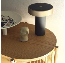 Moderne oplaadbare lamp op een ronde houten bijzettafel met decoratieve objecten.