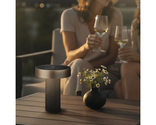 Moderne LED tafellamp voor buiten met zonnepaneel op een tuintafel naast een bloemenvaas en twee personen.