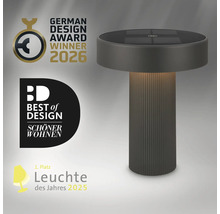 Moderne led tafellamp met zonnepaneel, winnaar van de German Design Award 2026 en Best of Design prijs.