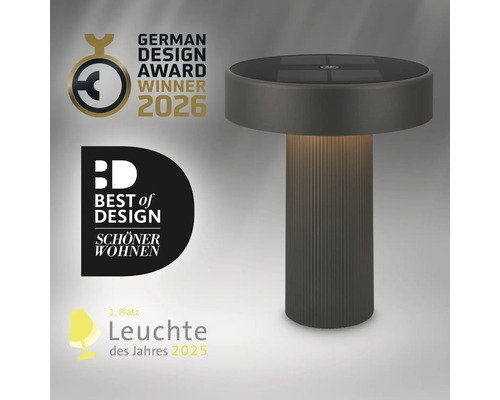 Moderne led tafellamp met zonnepaneel, winnaar van de German Design Award 2026 en Best of Design prijs.