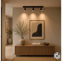 Moderne plafondlamp met drie spots boven een dressoir in een hal met wanddecoratie en plant. (Image AI modified or generated)