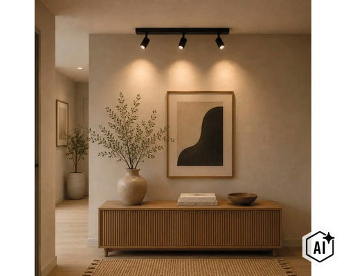 Moderne plafondlamp met drie spots boven een dressoir in een hal met wanddecoratie en plant. (Image AI modified or generated)