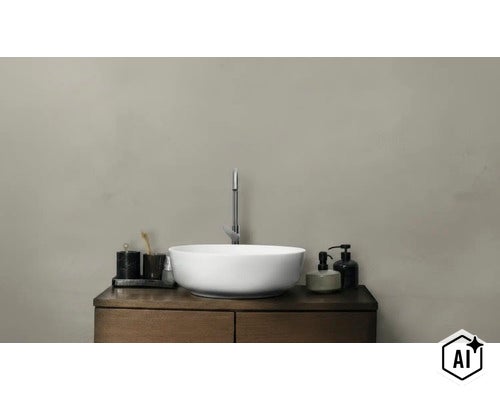 Ronde waskom van keramiek op een donkerhouten wastafelmeubel met kraan en badkameraccessoires in een minimalistische badkamer (Image AI modified or generated)
