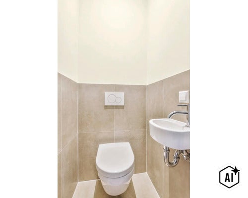 Modern gastentoilet met wandcloset, bedieningspaneel voor inbouwreservoir en kleine wastafel met kraan tegen licht betegelde muren. (Image AI modified or generated)