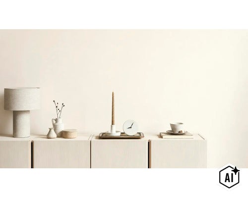 Woonkamer dressoir met tafellamp, kandelaar, kleine klok en decoratie voor een minimalistische inrichting. (Image AI modified or generated)