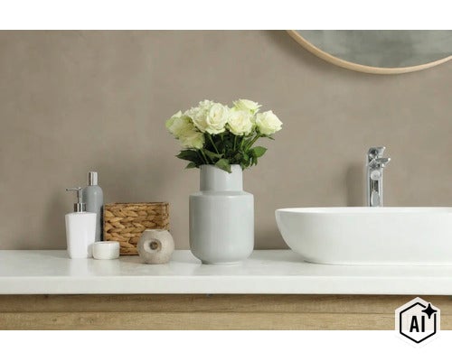 Modern badkamerinterieur met witte opzetwastafel, kraan en decoratie zoals een vaas met bloemen op een houten wastafelblad. (Image AI modified or generated)