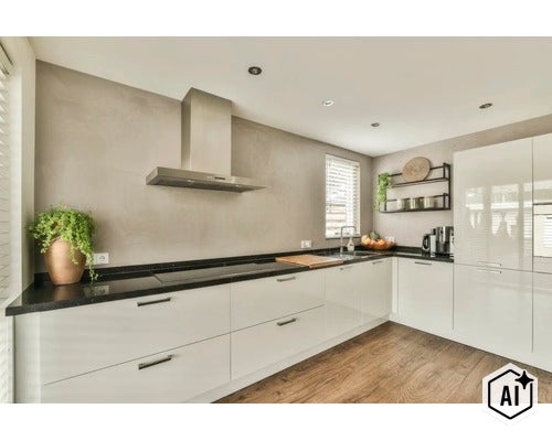 Moderne L-vormige inbouwkeuken met glanzende fronten, zwart werkblad, roestvrijstalen afzuigkap en muur in betonlook. (Image AI modified or generated)