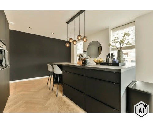 Moderne keuken met kookeiland en barkrukken op visgraat parketvloer (Image AI modified or generated)