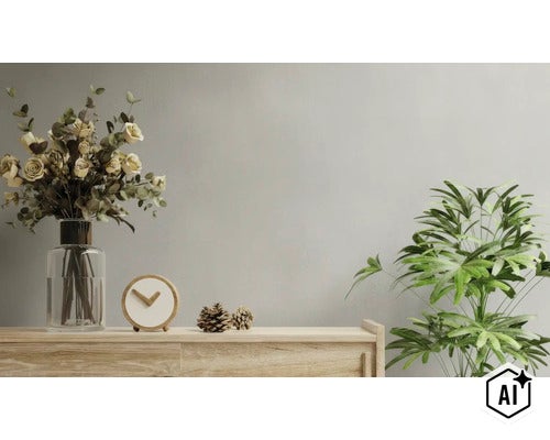 Een woonruimte met een houten dressoir, een glazen vaas met bloemen, een ronde houten klok, dennenappels en een kamerplant voor een muur. (Image AI modified or generated)