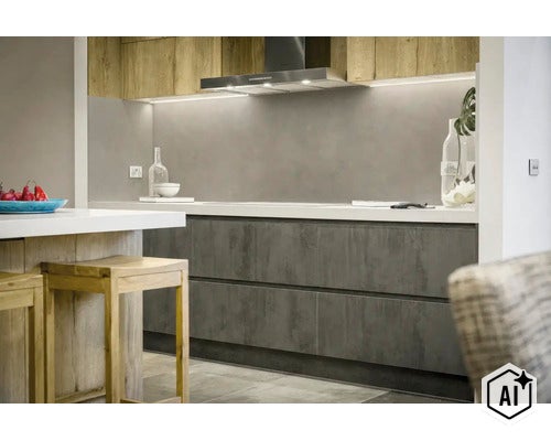 Moderne inbouwkeuken met houten elementen, donkere fronten in betonlook en een licht werkblad. (Image AI modified or generated)