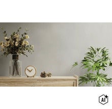 Een woonruimte met een houten dressoir, een glazen vaas met bloemen, een ronde houten klok, dennenappels en een kamerplant voor een muur. (Image AI modified or generated)