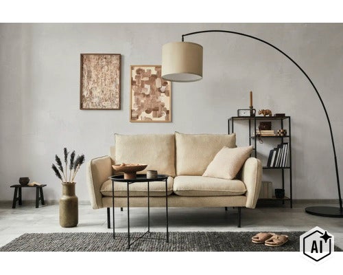 Woonkamer met bank, bijzettafel, booglamp en rek in een modern ingerichte ruimte met muurkunst en een textiel tapijt. (Image AI modified or generated)