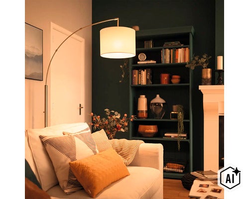 Moderne booglamp met stoffen kap naast een bank in een gezellig ingerichte woonkamer met een donkere kast en een haard. (Image AI modified or generated)
