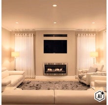 Woonkamer met wandhaard televisie en lichte zithoek in een modern interieur (Image AI modified or generated)