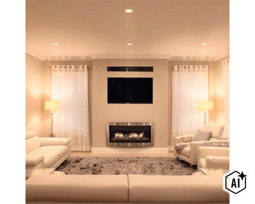 Woonkamer met wandhaard televisie en lichte zithoek in een modern interieur (Image AI modified or generated)