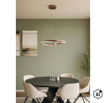 Moderne LED ring hanglamp boven een ronde eettafel in een licht ingerichte eetkamer. (Image AI modified or generated)