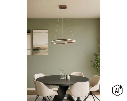 Moderne LED ring hanglamp boven een ronde eettafel in een licht ingerichte eetkamer. (Image AI modified or generated)