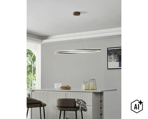 Moderne led hanglamp met ovaal ontwerp boven een eettafel in een lichte en stijlvol ingerichte eetkamer. (Image AI modified or generated)